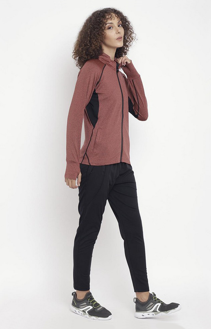 Women's Rust and Black Melange Textured Polyester Tracksuit