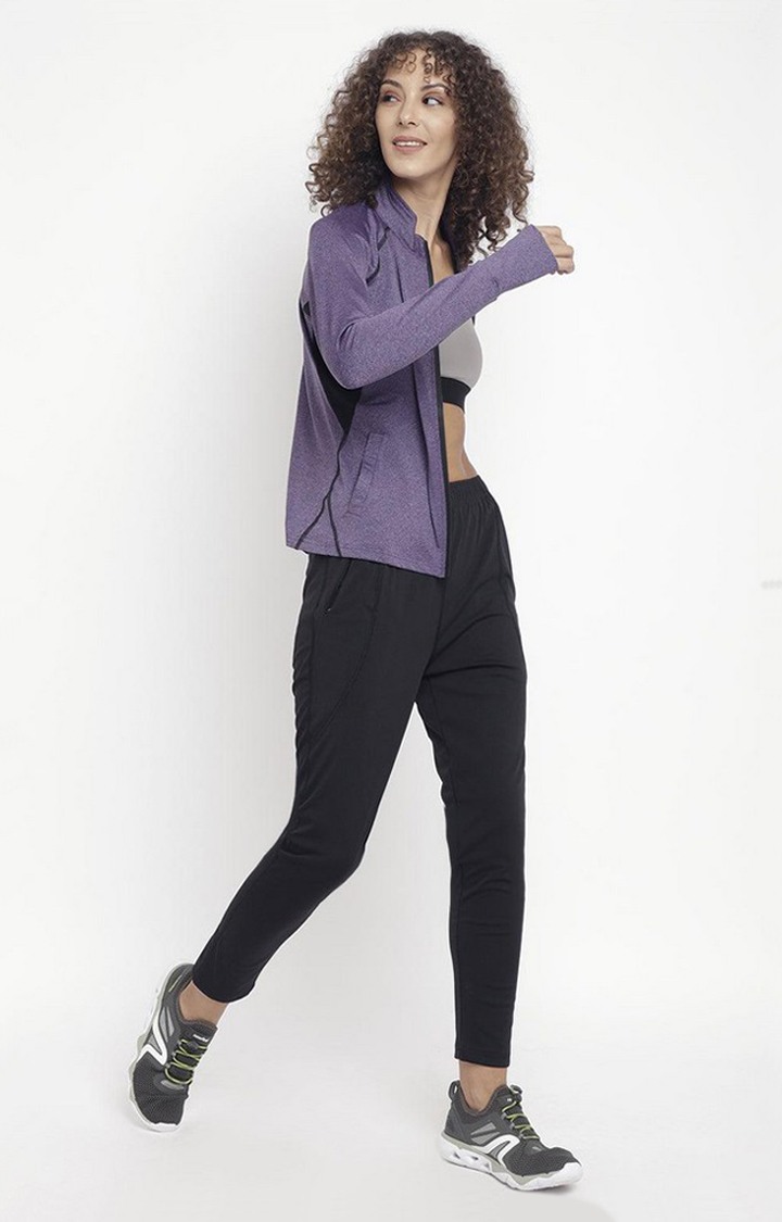 Women's Purple and Black Melange Textured Polyester Tracksuit