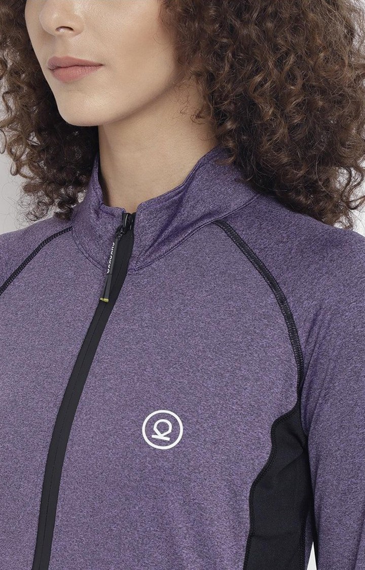 Women's Purple and Black Melange Textured Polyester Tracksuit