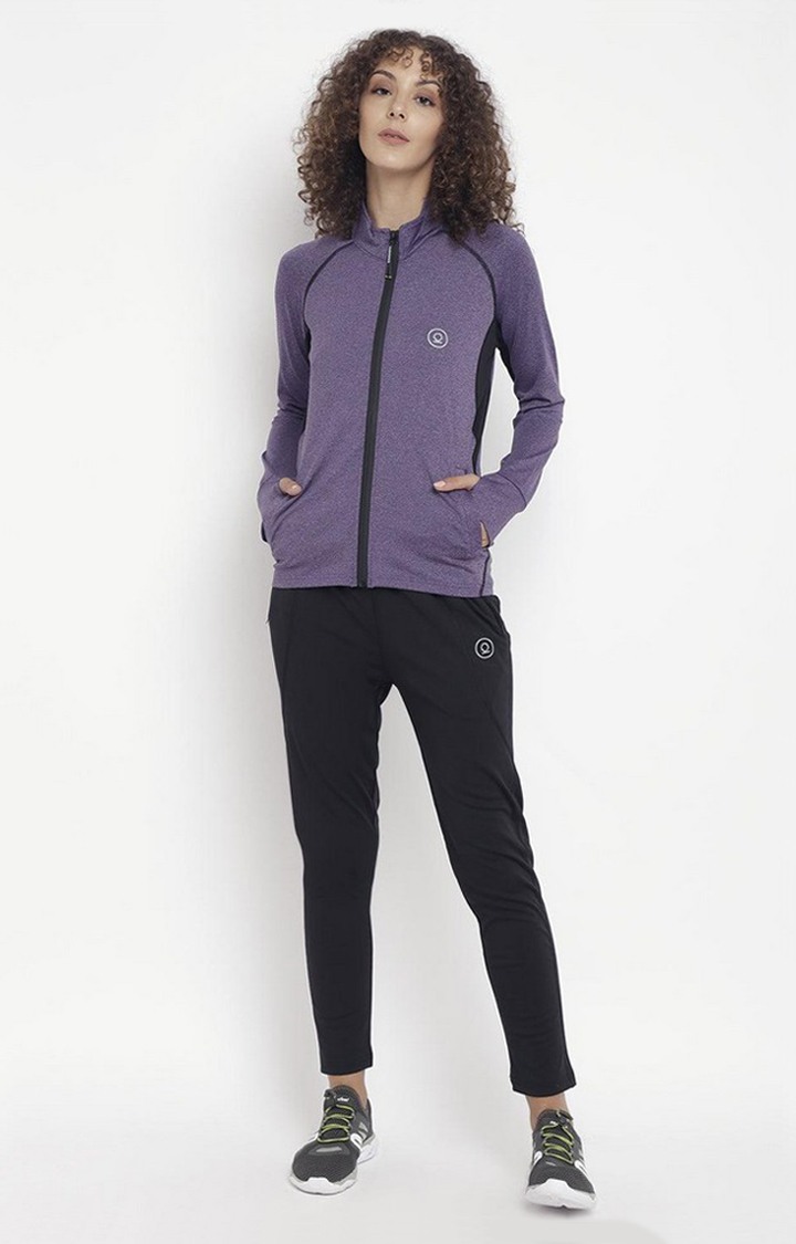 Women's Purple and Black Melange Textured Polyester Tracksuit