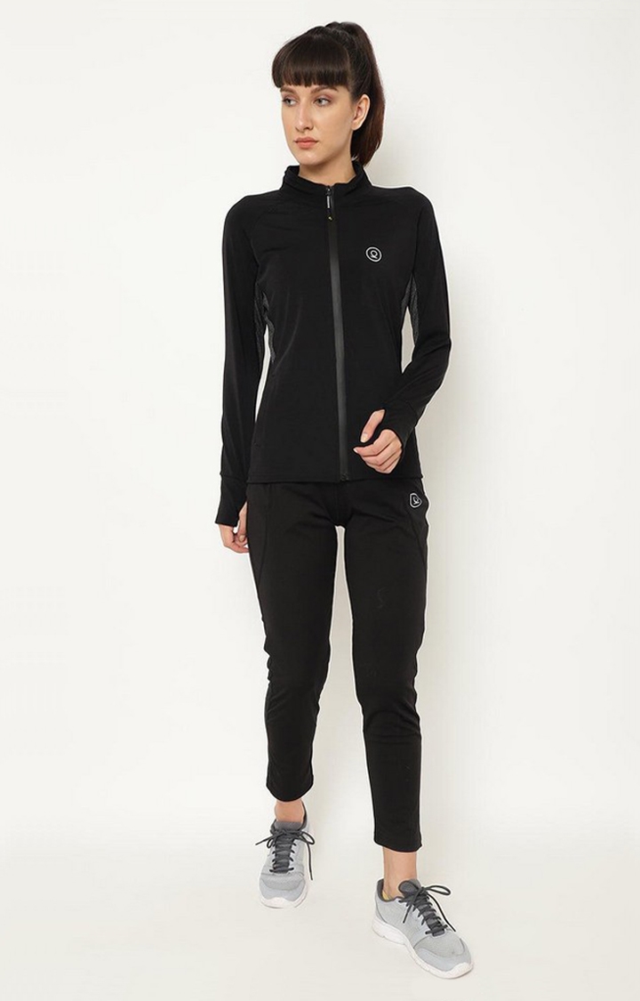 Women's Black Solid Polyester Tracksuit
