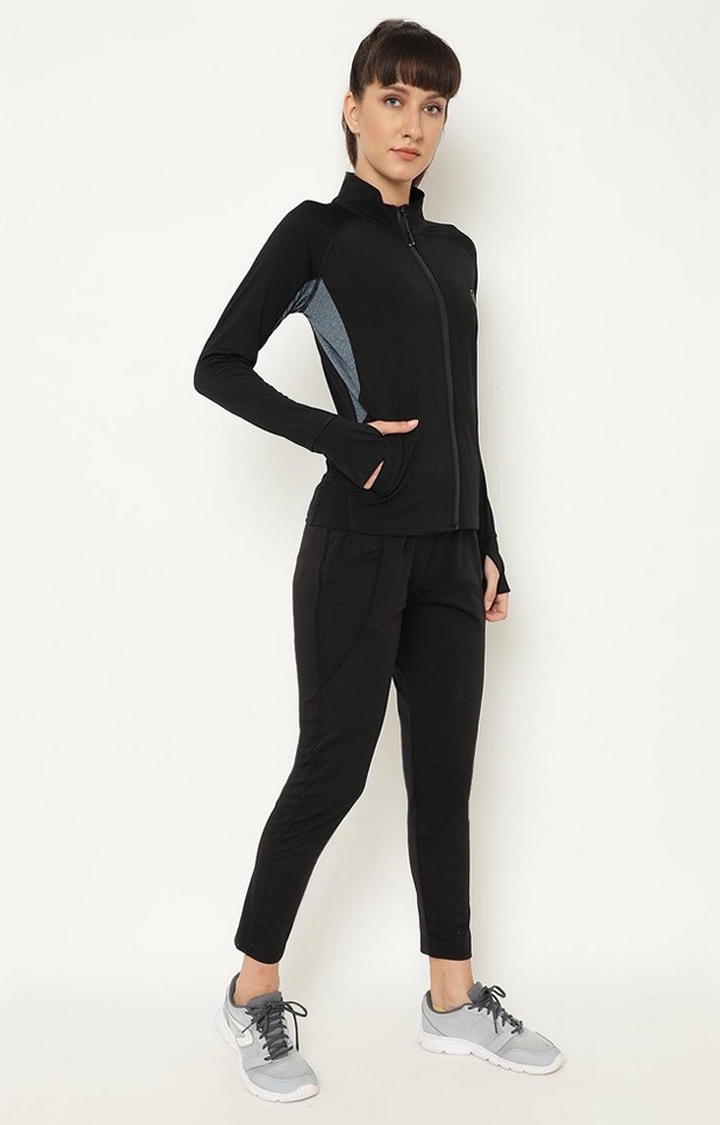 Women's Black and Blue Solid Polyester Tracksuit