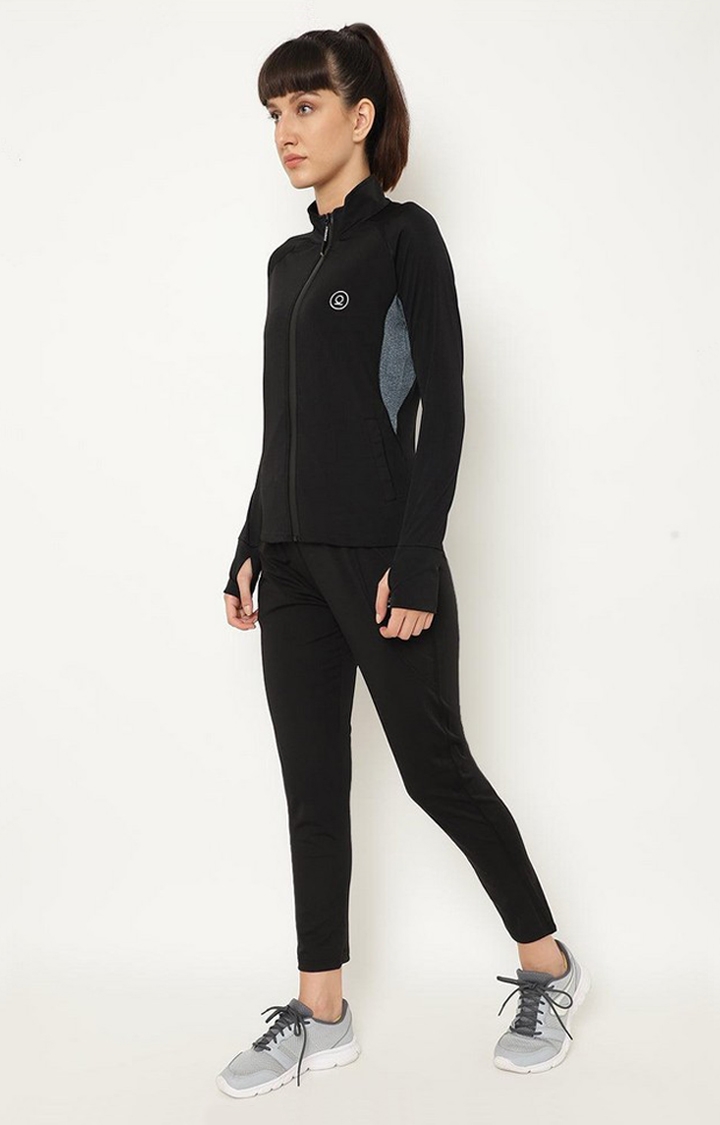 Women's Black and Blue Solid Polyester Tracksuit