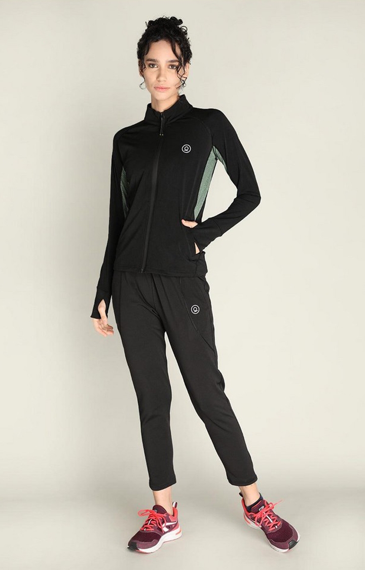 Women's Black and Green Solid Polyester Tracksuit