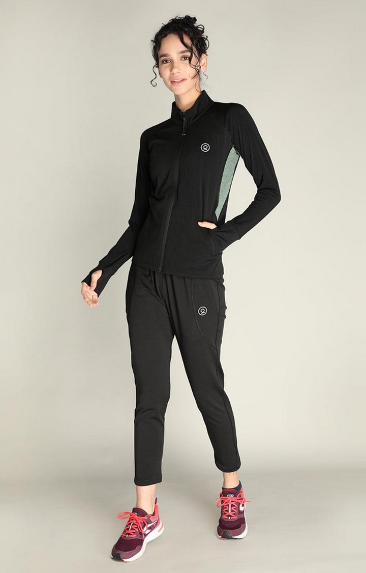 Women's Black and Green Solid Polyester Tracksuit