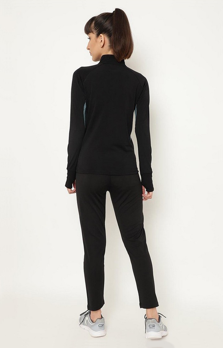 Women's Black and Green Solid Polyester Tracksuit