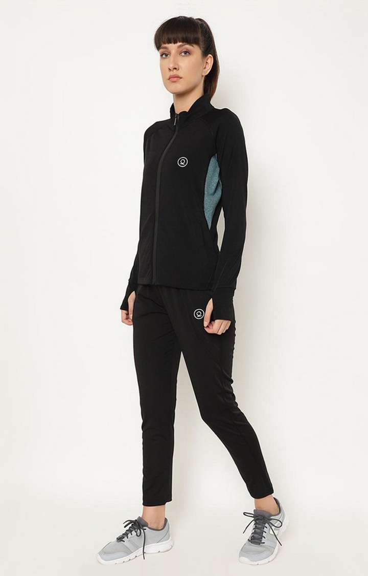 Women's Black and Green Solid Polyester Tracksuit