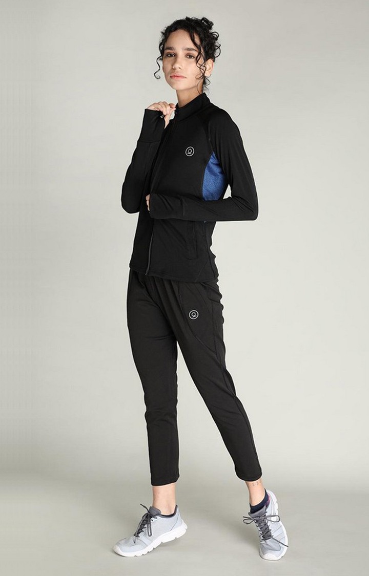 Women's Black and Blue Solid Polyester Tracksuit