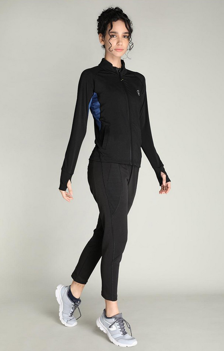 Women's Black and Blue Solid Polyester Tracksuit