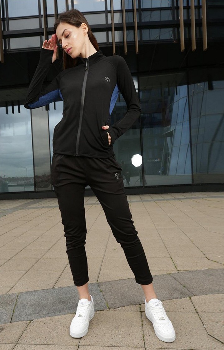 Women's Black and Blue Solid Polyester Tracksuit