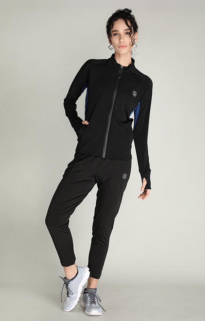 CHKOKKO | Women's Black and Blue Solid Polyester Tracksuit