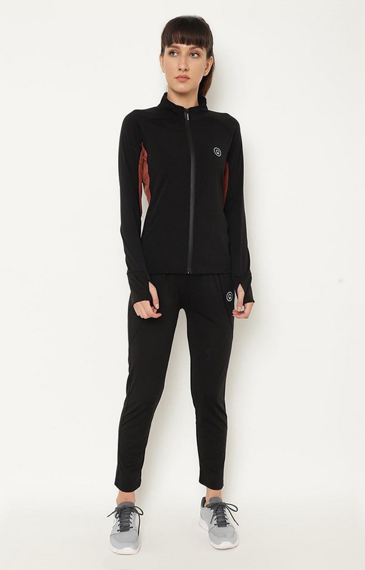 Women's Black and Rust Solid Polyester Tracksuit