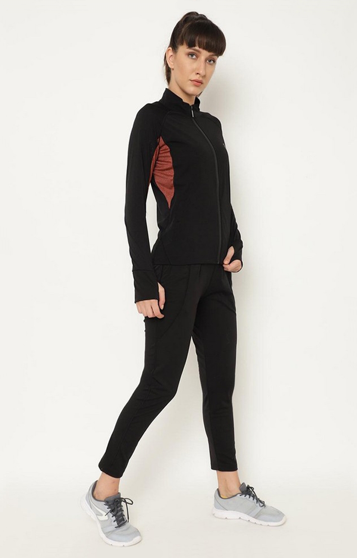 Women's Black and Rust Solid Polyester Tracksuit