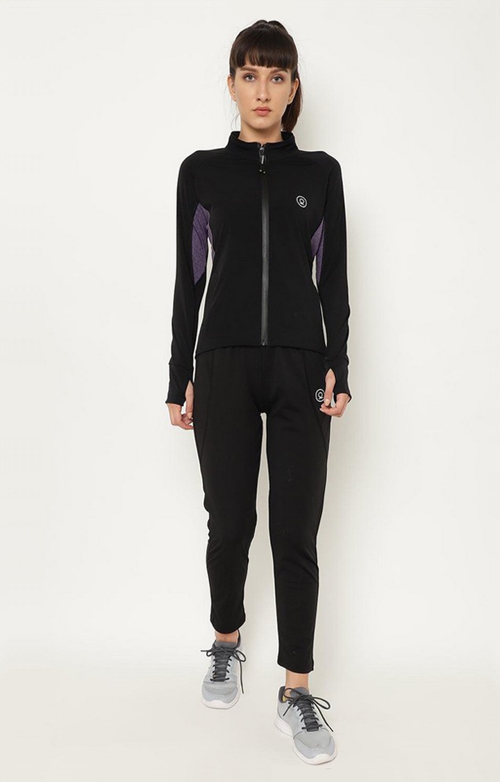 Women's Black and Purple Solid Polyester Tracksuit