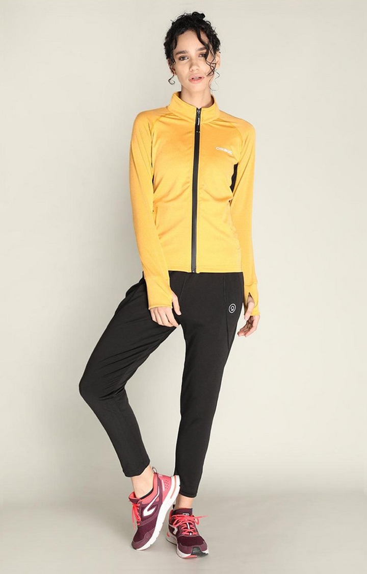 Women's Yellow and Black Solid Polyester Tracksuit