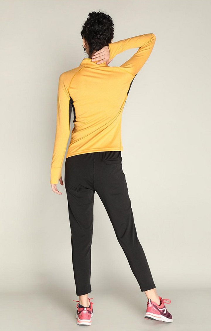 Women's Yellow and Black Solid Polyester Tracksuit