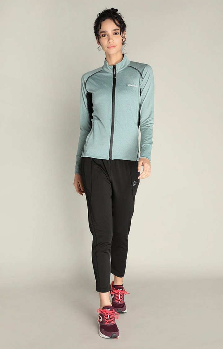 Women's Sea Green and Black Melange Textured Polyester Tracksuit