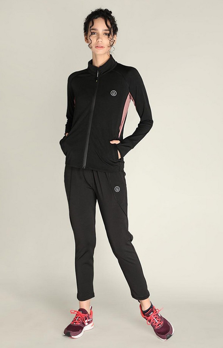 Women's Black and Maroon Solid Polyester Tracksuit