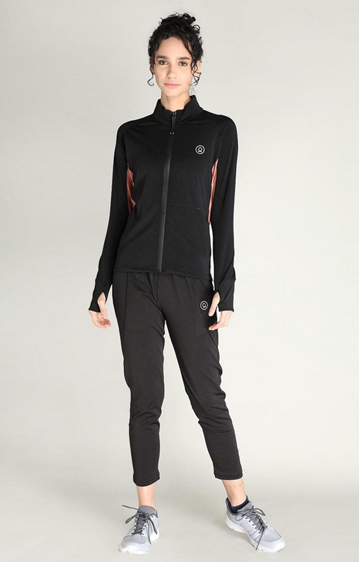 Women's Black and Orange Solid Polyester Tracksuit