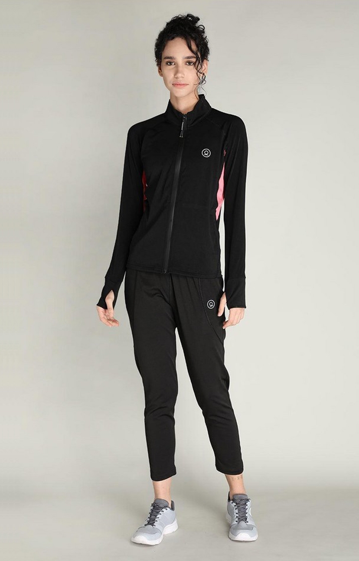 Women's Black and Pink Solid Polyester Tracksuit