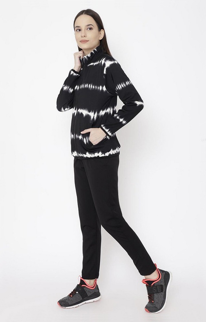 Women's Black and White Tie Dye Polyester Tracksuit