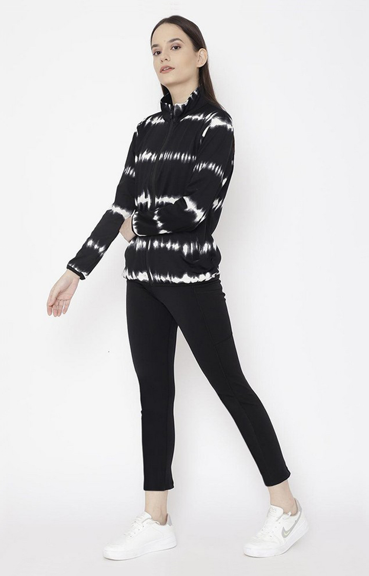 Women's Black and White Tie Dye Polyester Tracksuit