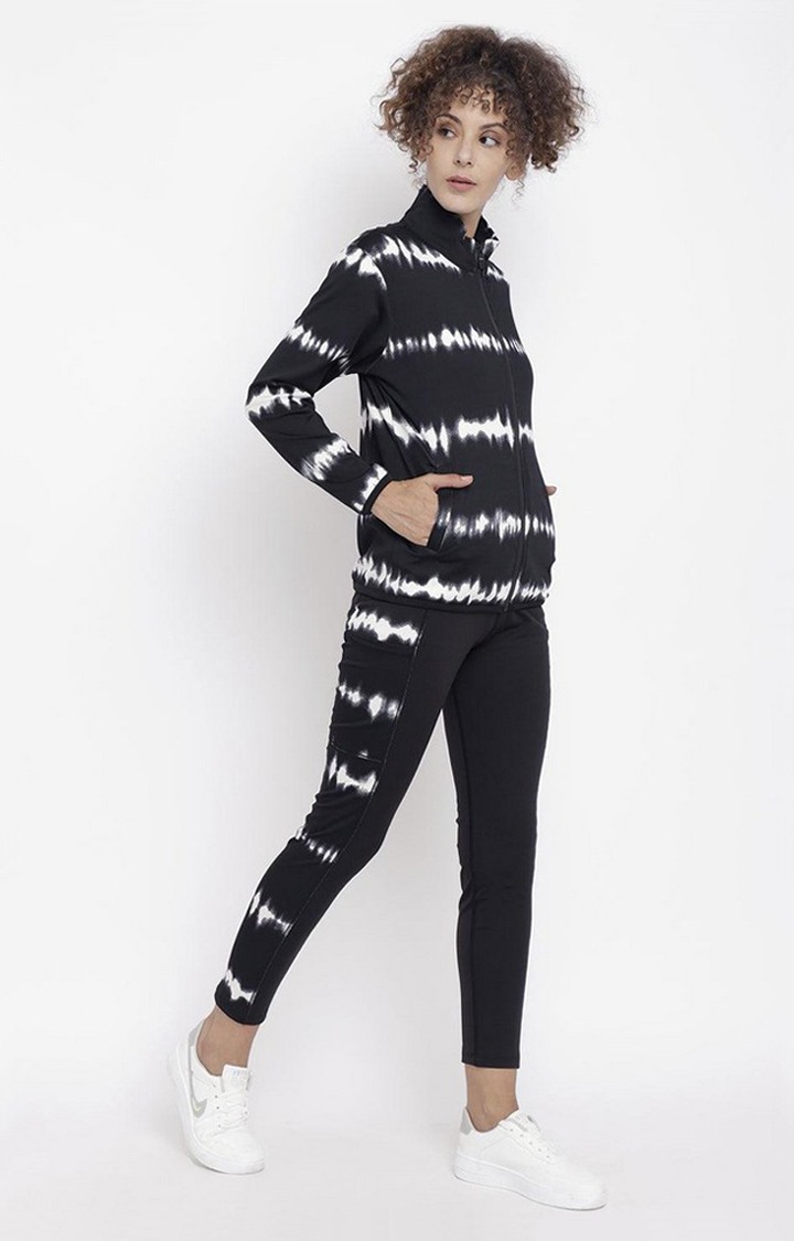 Women's Black and White Tie Dye Polyester Tracksuit