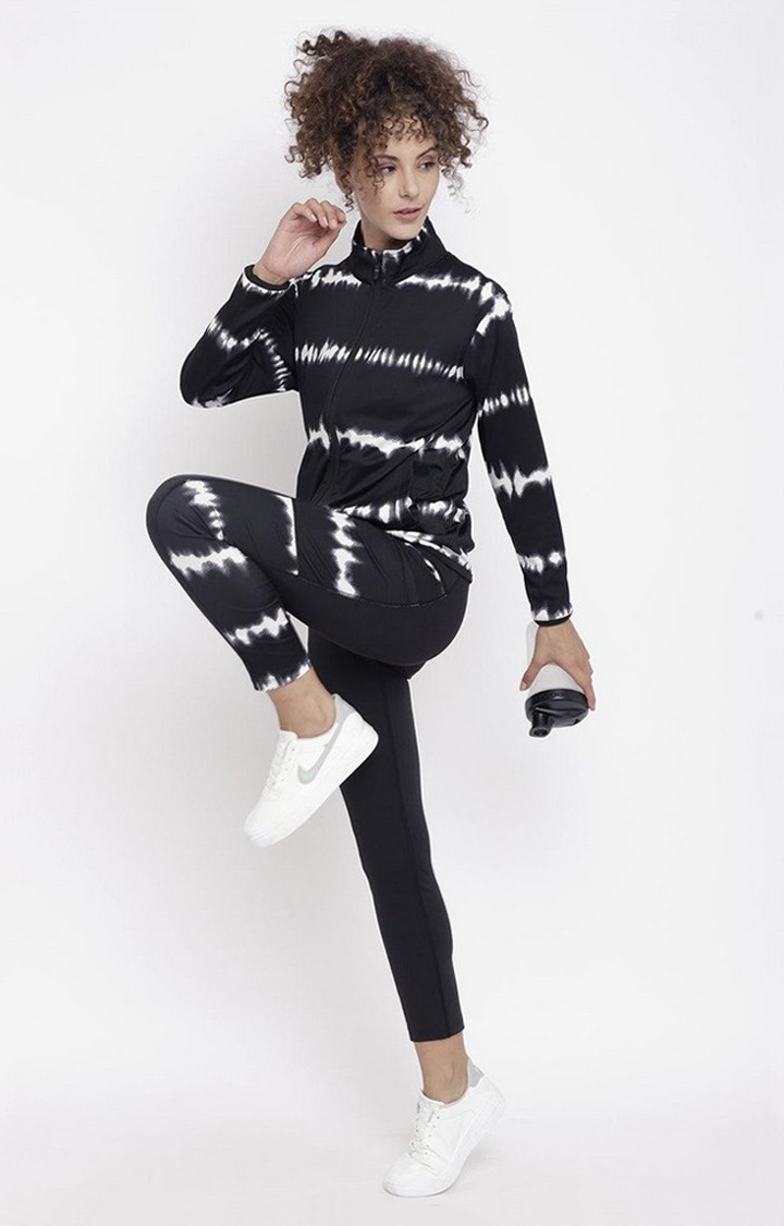 Women's Black and White Tie Dye Polyester Tracksuit