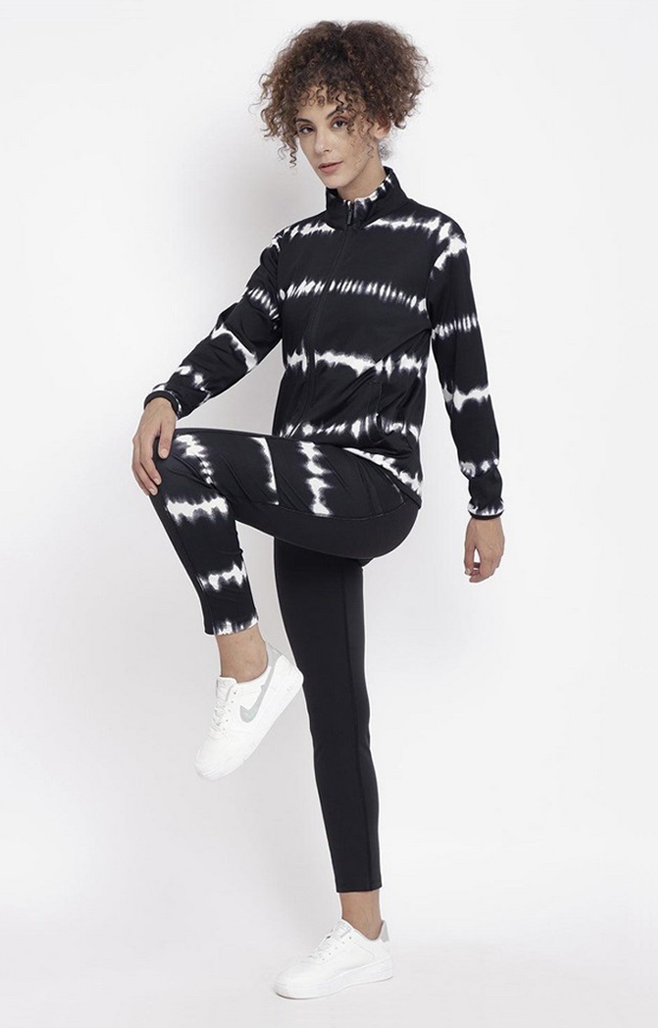 Women's Black and White Tie Dye Polyester Tracksuit