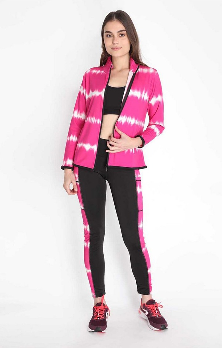 Women's Pink and White Tie Dye Polyester Tracksuit