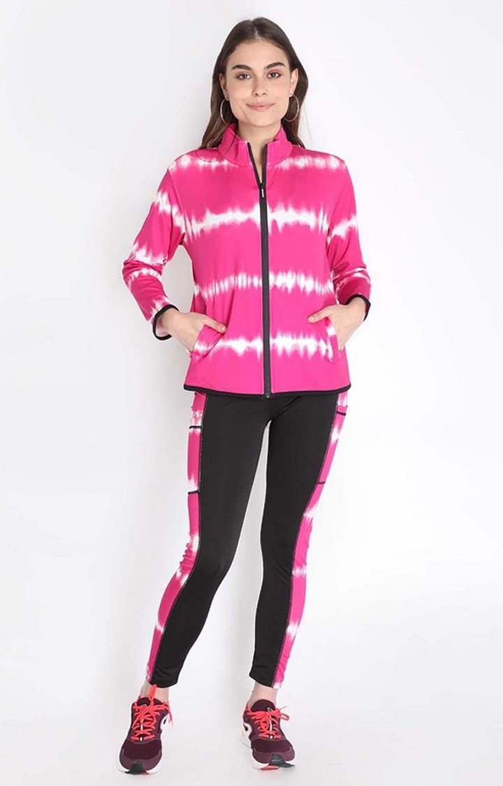 Women's Pink and White Tie Dye Polyester Tracksuit