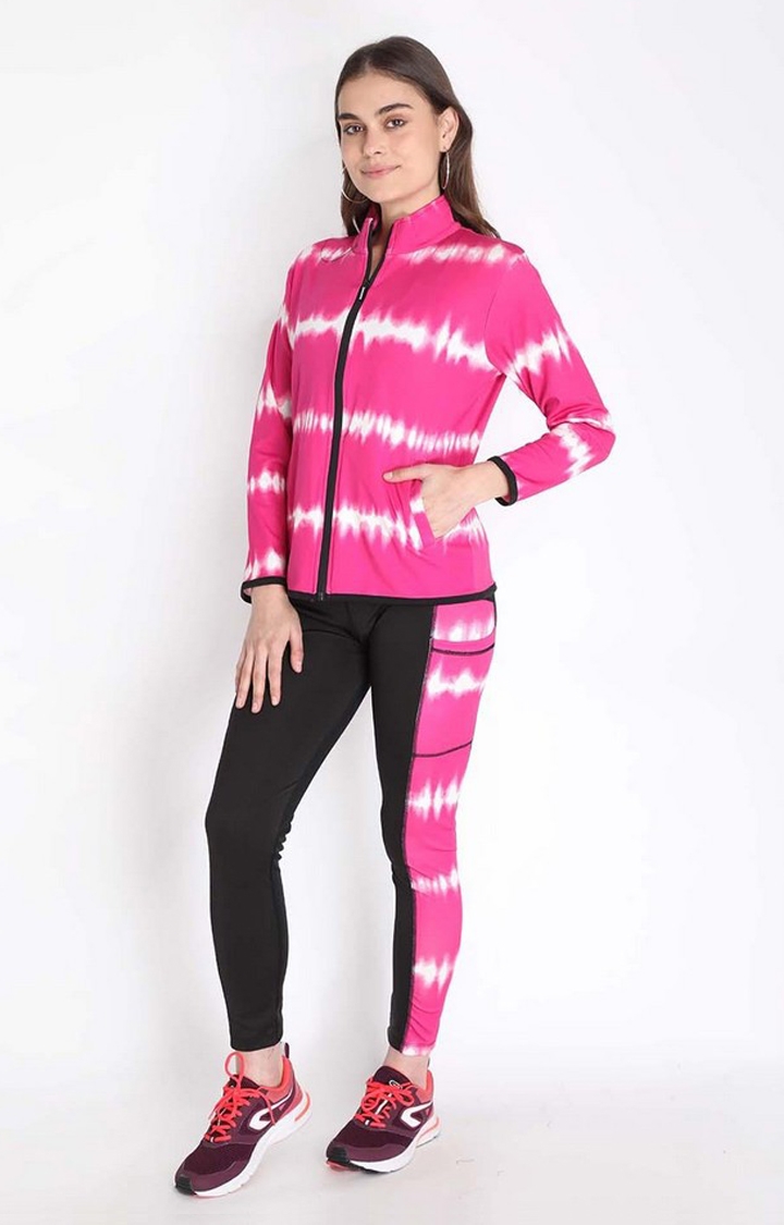 Women's Pink and White Tie Dye Polyester Tracksuit
