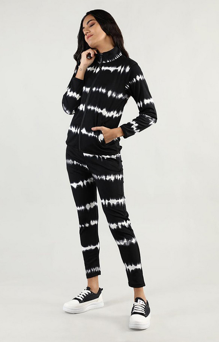 Women's Black and White Tie Dye Polyester Tracksuit