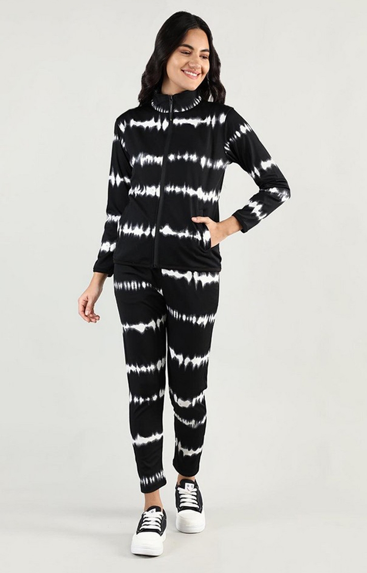 Women's Black and White Tie Dye Polyester Tracksuit