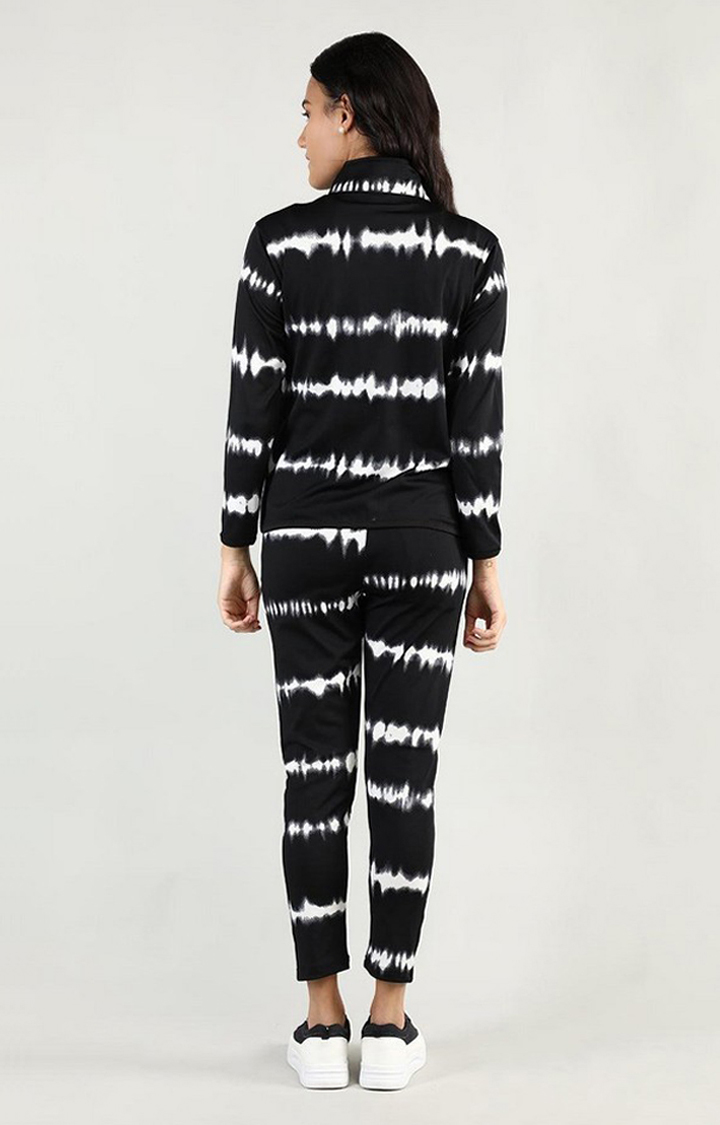 Women's Black and White Tie Dye Polyester Tracksuit