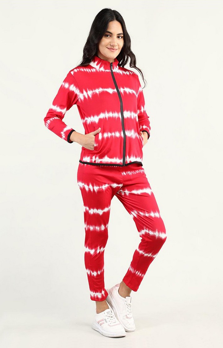 Women's Red and White Tie Dye Polyester Tracksuit