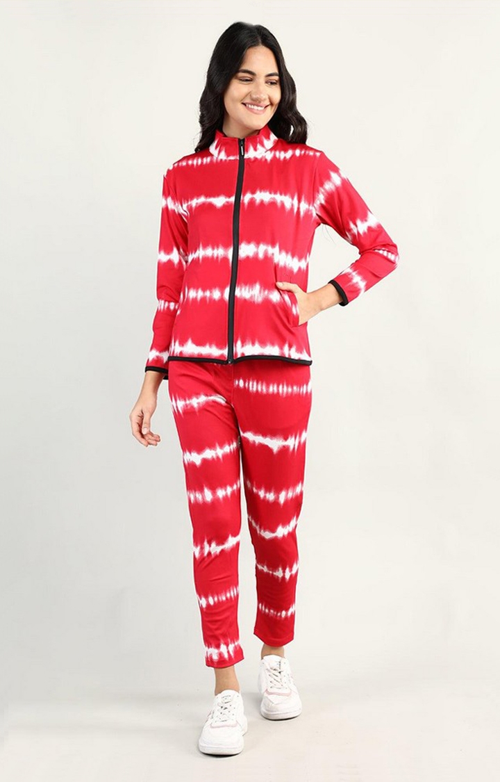 Women's Red and White Tie Dye Polyester Tracksuit