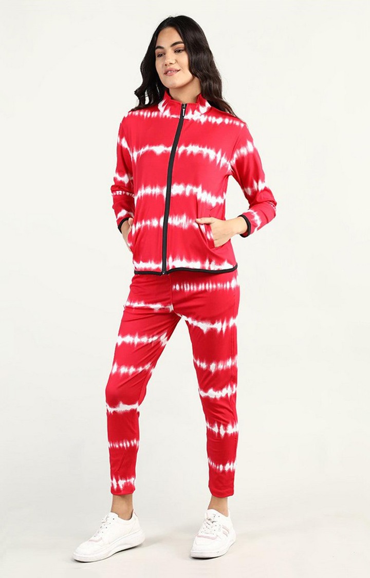 Women's Red and White Tie Dye Polyester Tracksuit