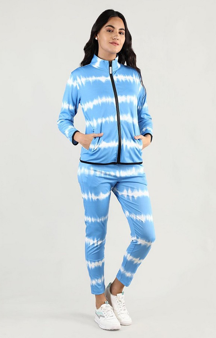 CHKOKKO | Women's Blue and White Tie Dye Polyester Tracksuit