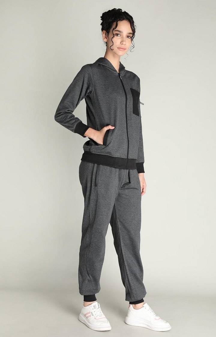 Women's Dark Grey Melange Textured Polyester Tracksuit