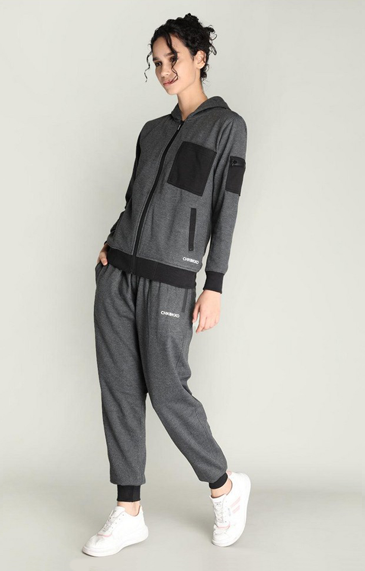 Women's Dark Grey Melange Textured Polyester Tracksuit
