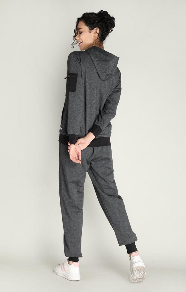 Women's Dark Grey Melange Textured Polyester Tracksuit