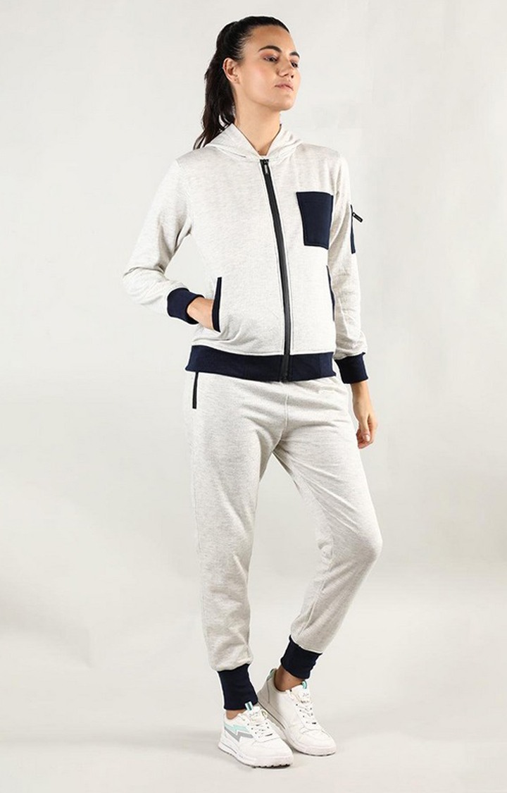 Women's Grey Melange Textured Polyester Tracksuit