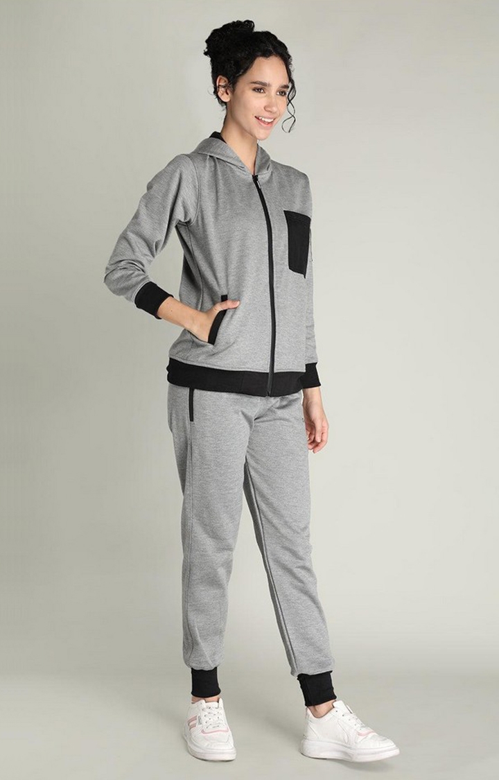 Women's Grey Melange Textured Polyester Tracksuit