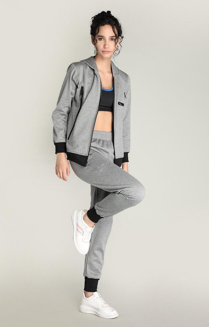 Women's Grey Melange Textured Polyester Tracksuit