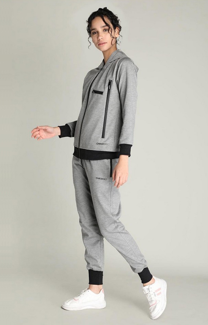 Women's Grey Melange Textured Polyester Tracksuit