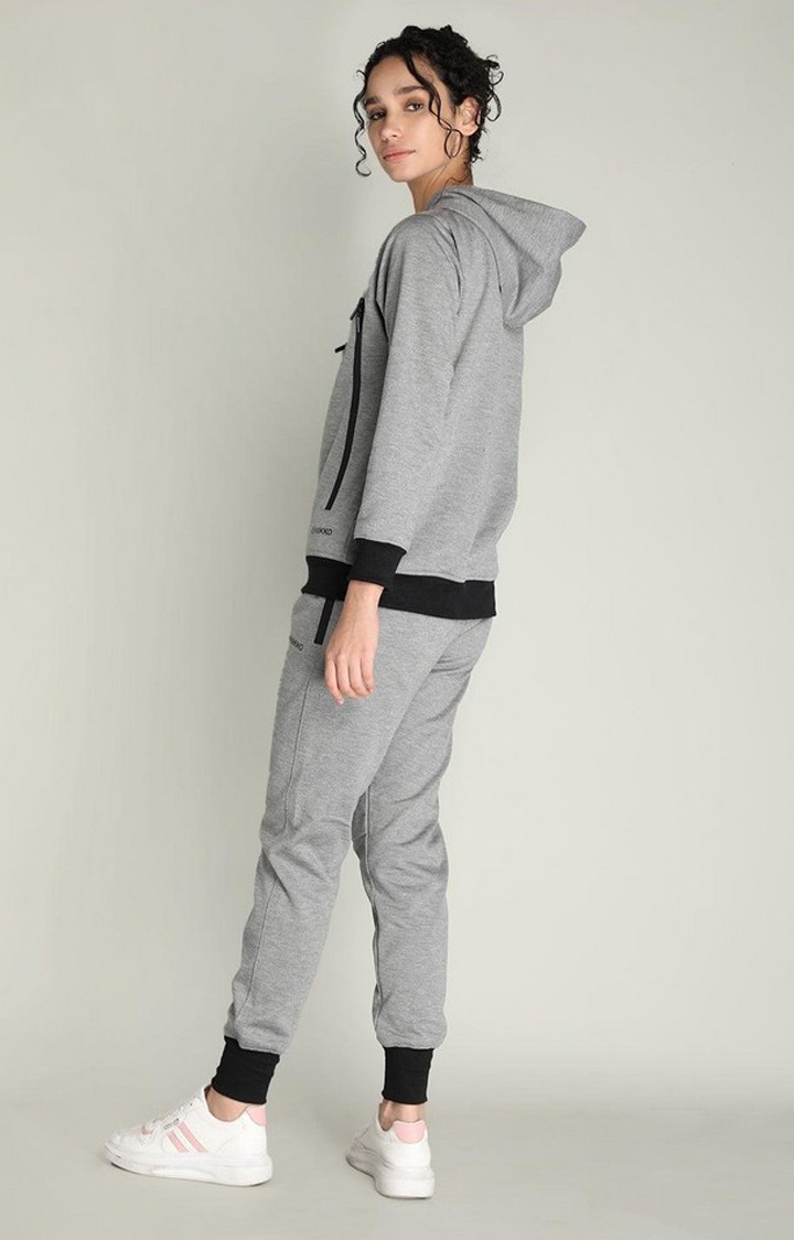 Women's Grey Melange Textured Polyester Tracksuit