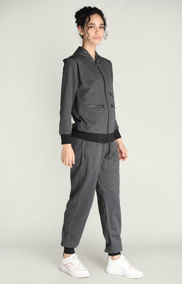 Women's Dark Grey Melange Textured Polyester Tracksuit