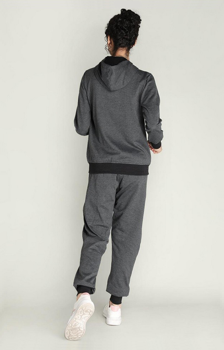 Women's Dark Grey Melange Textured Polyester Tracksuit