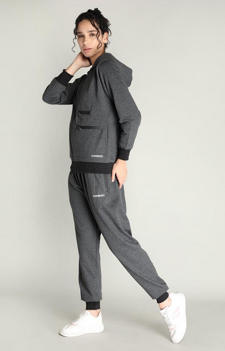 Women's Dark Grey Melange Textured Polyester Tracksuit